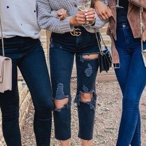 Topshop black ripped jeans large holes. Crop.